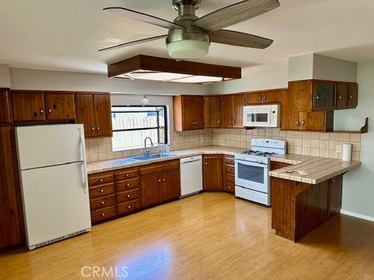 Interior, Kitchen, Tile Countertops, Wood Texture Flooring