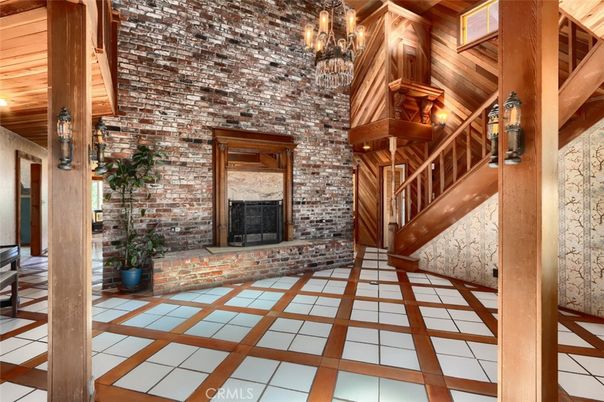 Chandelier, Fireplace, Interior, Stone Walls