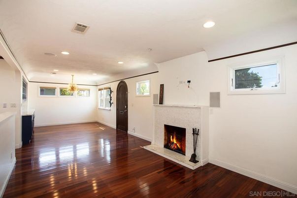 Empty room, Fireplace, Interior, Recessed Lighting, Wood Texture Flooring