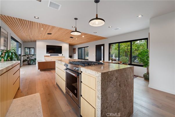 Interior, Kitchen, Living room, Pendant Lights, Recessed Lighting, Wooden Ceilings, Wood Texture Flooring