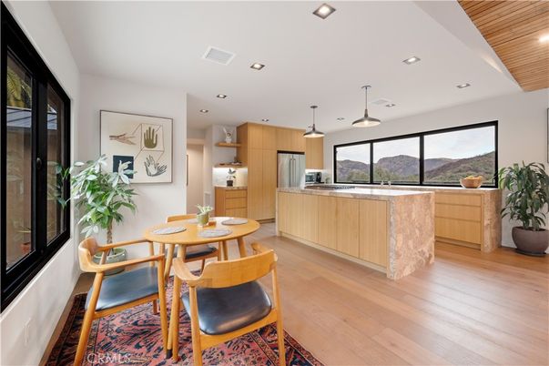 Dining room, Interior, Kitchen, Pendant Lights, Recessed Lighting, Wood Texture Flooring