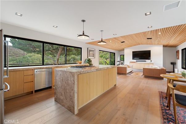 Interior, Kitchen, Living room, Pendant Lights, Recessed Lighting, Stainless Steel Appliances, Wooden Ceilings, Wood Texture Flooring