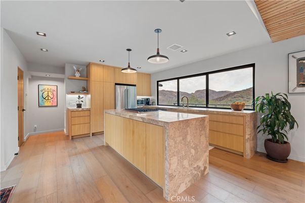 Interior, Kitchen, Pendant Lights, Recessed Lighting, Stainless Steel Appliances, Wooden Ceilings, Wood Texture Flooring