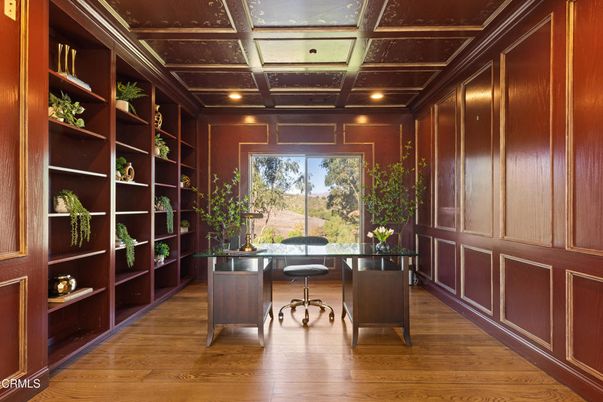 Home Office, Interior, Recessed Lighting, Wooden Ceilings, Wood Texture Flooring, Wooden Walls