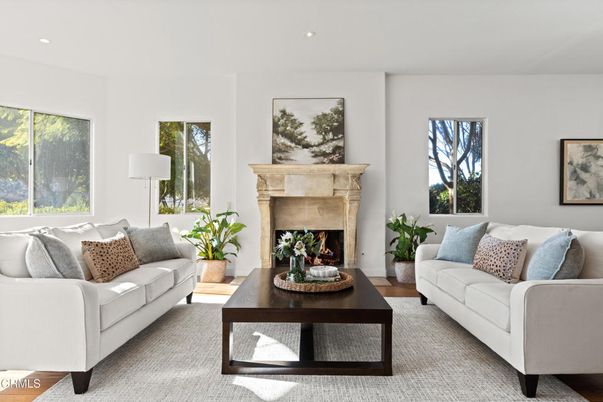 Fireplace, Interior, Living room, Recessed Lighting, Wood Texture Flooring