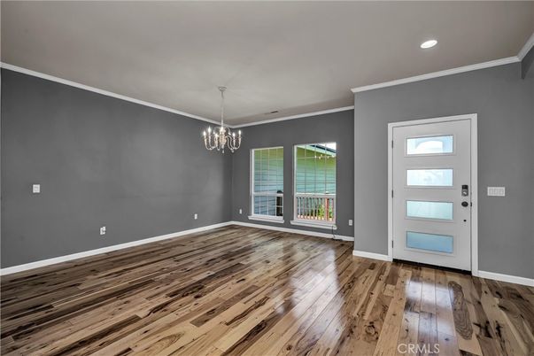 Chandelier, Empty room, Interior, Recessed Lighting, Wood Texture Flooring