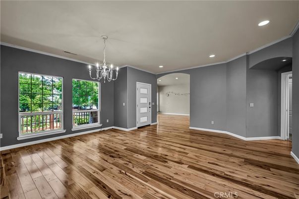 Chandelier, Empty room, Interior, Recessed Lighting, Wood Texture Flooring