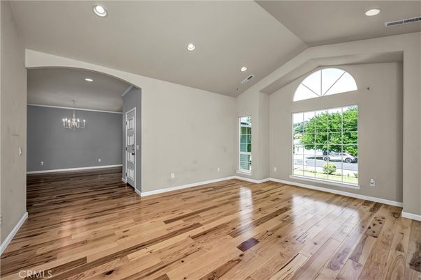 Chandelier, Empty room, Interior, Recessed Lighting, Wood Texture Flooring