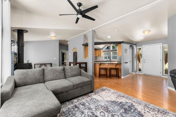 Fireplace, Interior, Kitchen, Living room, Recessed Lighting, Wood Texture Flooring