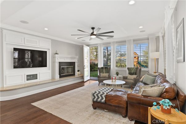 Fireplace, Interior, Living room, Recessed Lighting, Wood Texture Flooring