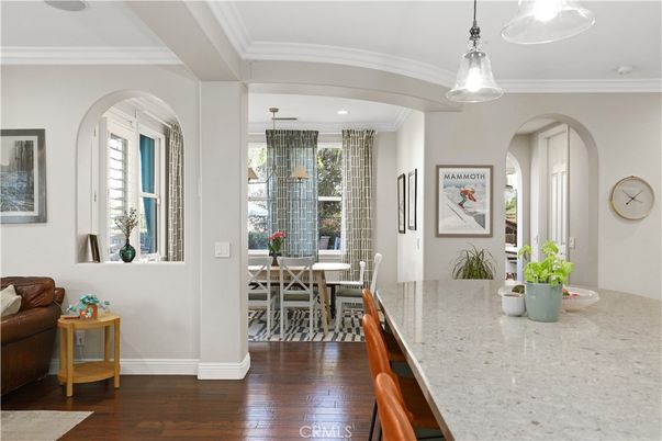 Dining room, Interior, Pendant Lights, Recessed Lighting, Wood Texture Flooring
