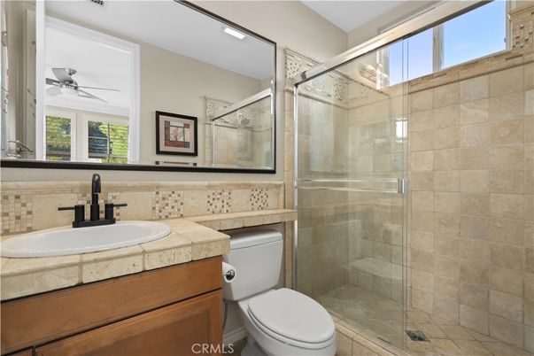 Bathroom, Glass Shower, Interior, Recessed Lighting, Tile Countertops