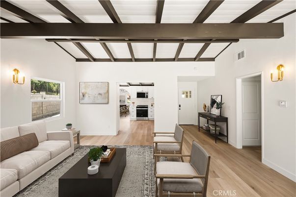 Interior, Kitchen, Living room, Stainless Steel Appliances, Wooden Beams, Wood Texture Flooring