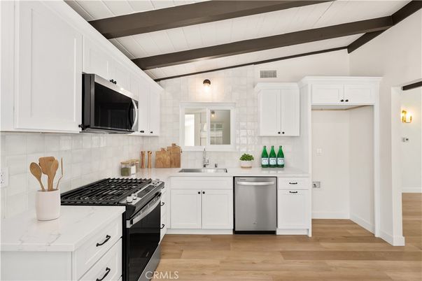 Interior, Kitchen, Stainless Steel Appliances, Wooden Beams, Wood Texture Flooring