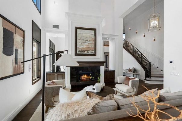 Fireplace, Interior, Living room, Pendant Lights, Wood Texture Flooring