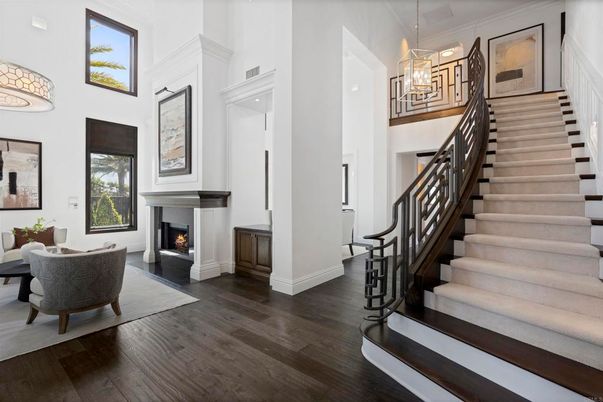 Fireplace, Interior, Pendant Lights, Wood Texture Flooring