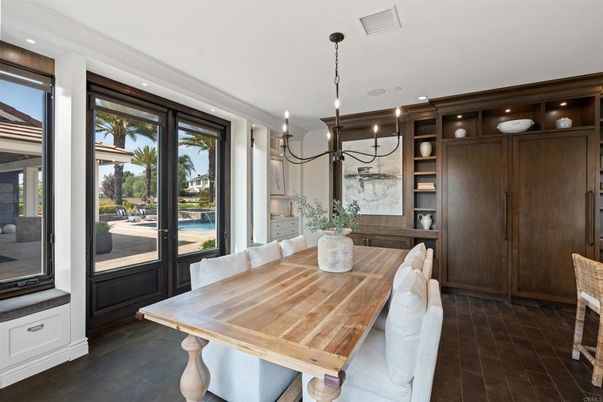 Chandelier, Dining room, Interior, Recessed Lighting, Wood Texture Flooring