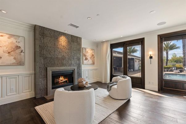 Fireplace, Interior, Living room, Recessed Lighting, Wood Texture Flooring