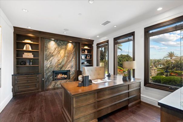 Fireplace, Home Office, Interior, Recessed Lighting, Wood Texture Flooring