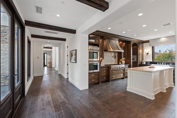 Interior, Kitchen, Recessed Lighting, Stainless Steel Appliances, Wooden Beams, Wood Texture Flooring