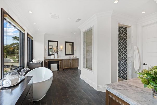 Bathroom, Dual Sink Vanities, Free Standing Baths, Interior, Recessed Lighting, Wood Texture Flooring