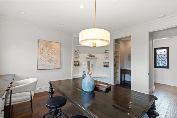 Dining room, Interior, Recessed Lighting, Wood Texture Flooring