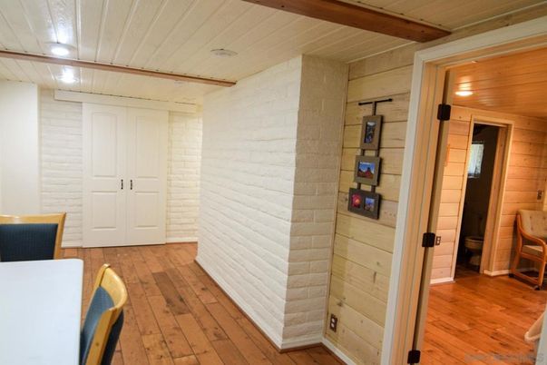 Empty room, Interior, Recessed Lighting, Stone Walls, Wooden Beams, Wooden Ceilings, Wood Texture Flooring, Wooden Walls