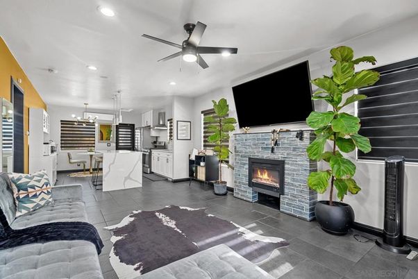 Dining room, Fireplace, Interior, Kitchen, Living room, Pendant Lights, Recessed Lighting