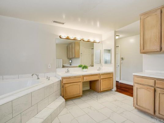 Bathroom, Dual Sink Vanities, Interior, Marble, Wood Texture Flooring