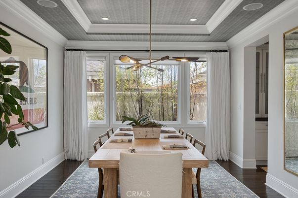 Dining room, Interior, Pendant Lights, Recessed Lighting, Wood Texture Flooring