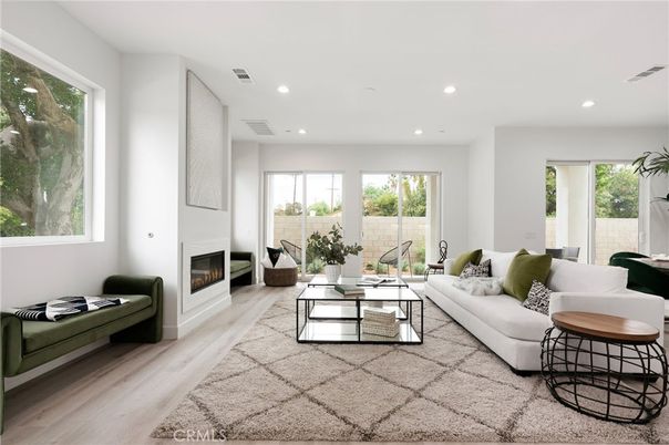 Fireplace, Interior, Living room, Recessed Lighting, Wood Texture Flooring