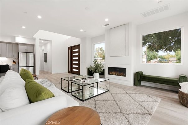 Fireplace, Interior, Kitchen, Living room, Recessed Lighting, Wood Texture Flooring