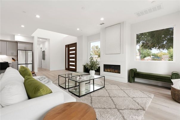Fireplace, Interior, Kitchen, Living room, Recessed Lighting, Wood Texture Flooring
