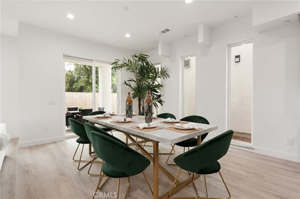 Dining room, Interior, Recessed Lighting, Wood Texture Flooring