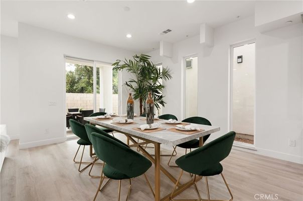 Dining room, Interior, Recessed Lighting, Wood Texture Flooring