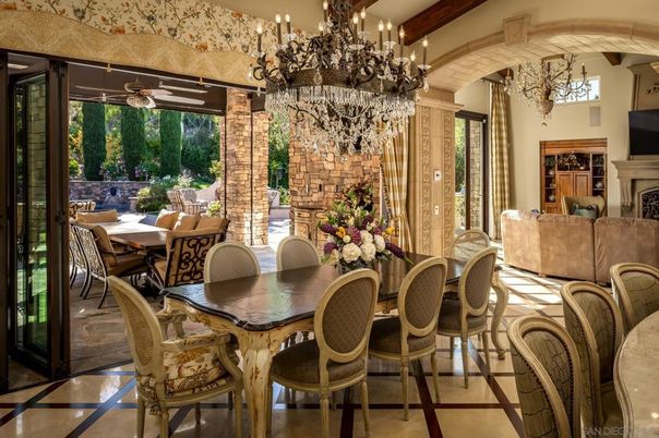 Chandelier, Dining room, Fireplace, Interior, Recessed Lighting