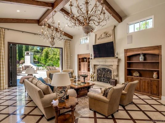 Chandelier, Fireplace, Interior, Living room, Recessed Lighting, Wooden Beams