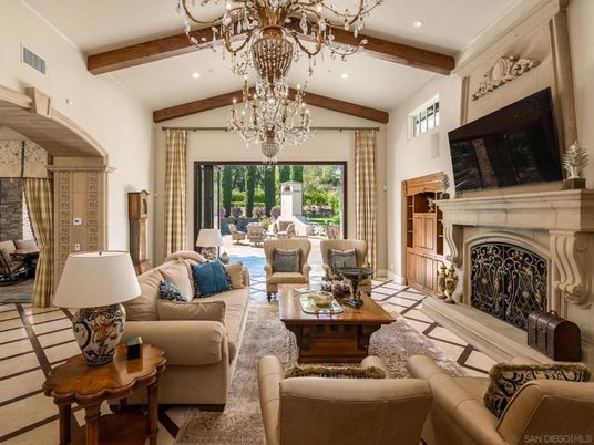 Chandelier, Fireplace, Interior, Living room, Recessed Lighting, Wooden Beams, Wood Texture Flooring