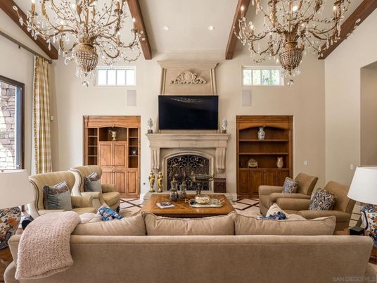 Chandelier, Fireplace, Interior, Living room, Recessed Lighting, Wooden Beams