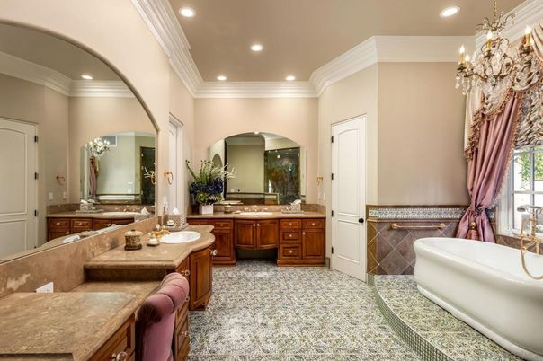 Bathroom, Chandelier, Dual Sink Vanities, Interior, Recessed Lighting