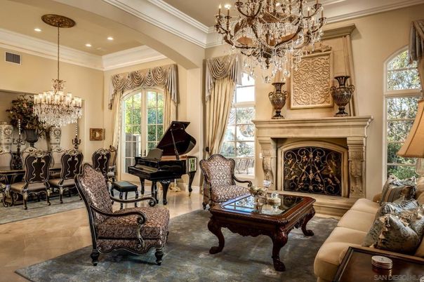 Chandelier, Fireplace, Interior, Living room, Piano, Recessed Lighting
