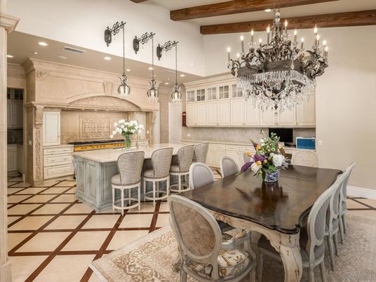 Chandelier, Dining room, Interior, Kitchen, Pendant Lights, Recessed Lighting, Wooden Beams
