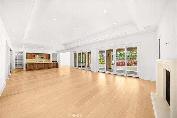 Empty room, Fireplace, Interior, Recessed Lighting, Wood Texture Flooring