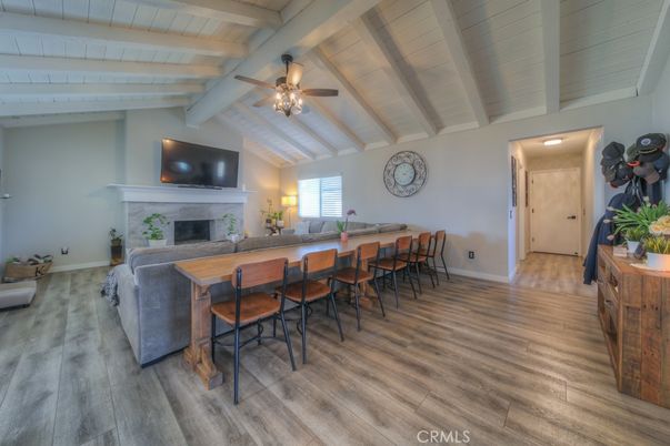 Dining room, Fireplace, Interior, Living room, Wood Texture Flooring