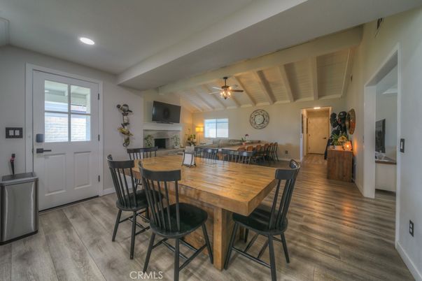 Dining room, Fireplace, Interior, Recessed Lighting, Wood Texture Flooring