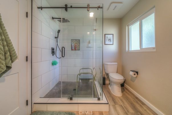 Bathroom, Glass Shower, Interior, Wood Texture Flooring