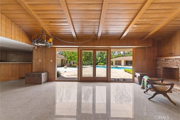 Chandelier, Empty room, Fireplace, Interior, Wooden Ceilings, Wooden Walls