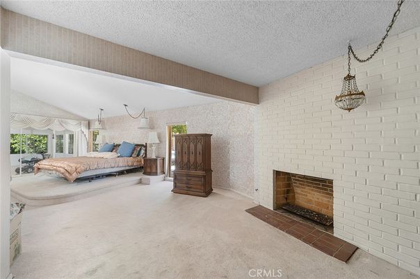 Bedroom, Fireplace, Interior, Pendant Lights, Stone Walls