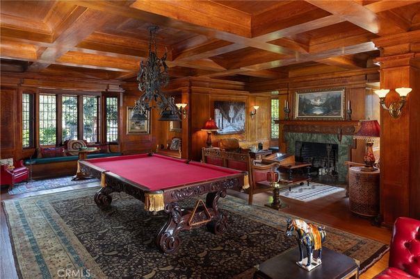 Billiard Table, Chandelier, Fireplace, Game Room, Interior, Wooden Beams, Wooden Ceilings, Wooden Walls
