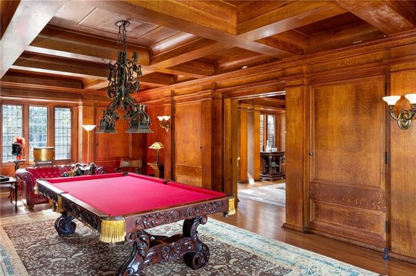 Billiard Table, Chandelier, Game Room, Interior, Wooden Beams, Wooden Ceilings, Wood Texture Flooring, Wooden Walls
